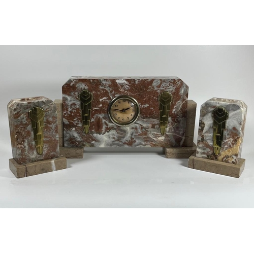 53 - AN ART DECO FRENCH MARBLE CLOCK GARNITURE SET WITH BRASS DESIGN, CLOCK 10 X 30 CM