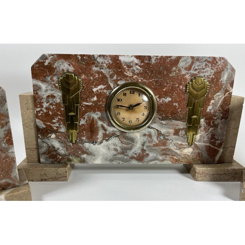 53 - AN ART DECO FRENCH MARBLE CLOCK GARNITURE SET WITH BRASS DESIGN, CLOCK 10 X 30 CM