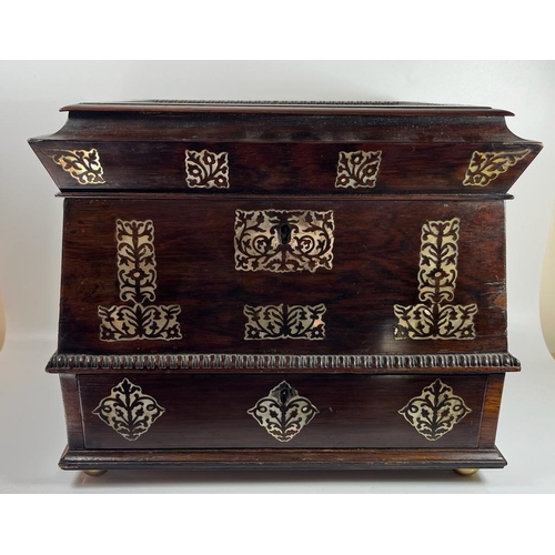 55 - AN ANTIQUE 19TH CENTURY ROSEWOOD AND MOTHER OF PEARL INLAID JEWELLERY BOX WITH LIFT UP TOP SECTION W... 