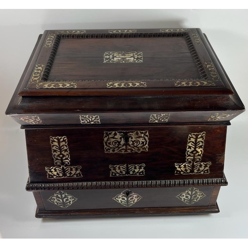 55 - AN ANTIQUE 19TH CENTURY ROSEWOOD AND MOTHER OF PEARL INLAID JEWELLERY BOX WITH LIFT UP TOP SECTION W... 