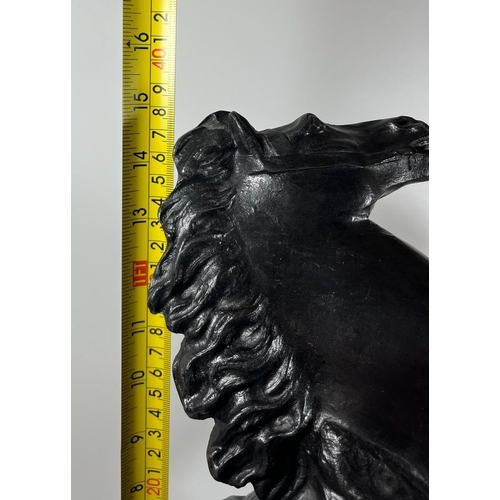 56 - A VINTAGE PAINTED BLACK SPELTER MARLEY HORSE AND RIDER FIGURE, HEIGHT 39 CM