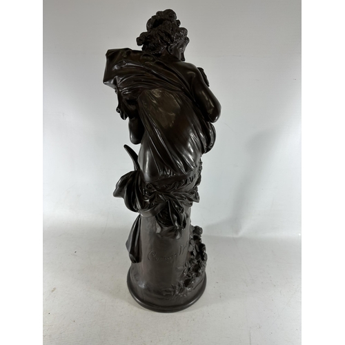 10 - A BELIEVED ALBERT-ERNEST CARRIER-BELLEUSE (1824-1887) LARGE BRONZE MODEL OF A LADY HOLDING TWO BIRDS... 