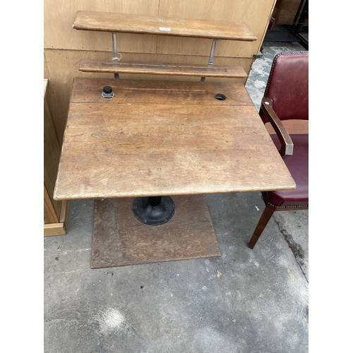 2763 - A MID 20TH CENTURY WRITING DESK ON METALWARE PEDESTAL BASE WITH FALL FRONT AND TWO SHELVES TO THE BA... 