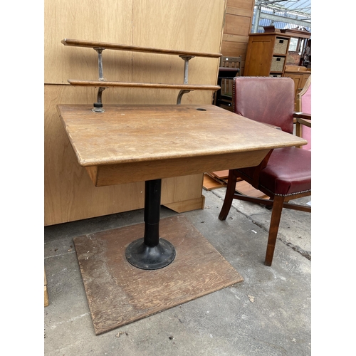 2763 - A MID 20TH CENTURY WRITING DESK ON METALWARE PEDESTAL BASE WITH FALL FRONT AND TWO SHELVES TO THE BA... 