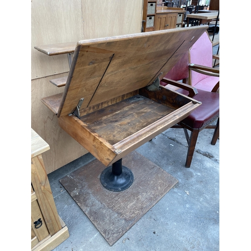 2763 - A MID 20TH CENTURY WRITING DESK ON METALWARE PEDESTAL BASE WITH FALL FRONT AND TWO SHELVES TO THE BA... 