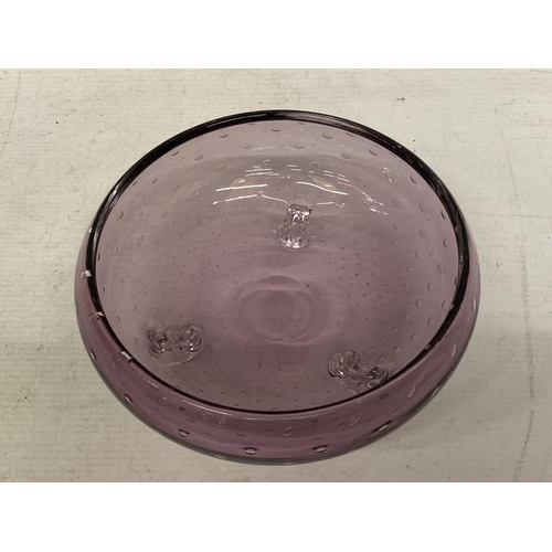 13 - A WHITEFRIARS PURPLE BUBBLE GLASS TRI FOOTED BOWL