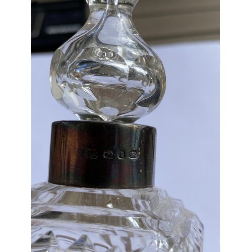 69 - A VICTORIAN 1893 SILVER COLLAR AND CUT GLASS PERFUME BOTTLE, HEIGHT 15 CM