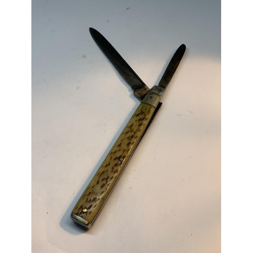 31 - A VINTAGE BONE HANDLED PEN KNIFE WITH WARRANTED FORGED STEEL BLADES