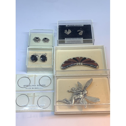 690 - SEVEN VARIOUS AS NEW AND BOXED EARRINGS AND BROOCHES TO INCLUDE SILVER