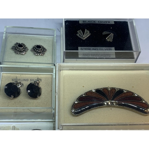 690 - SEVEN VARIOUS AS NEW AND BOXED EARRINGS AND BROOCHES TO INCLUDE SILVER