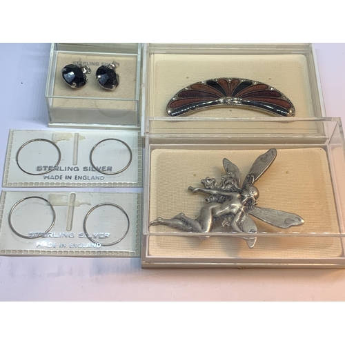 690 - SEVEN VARIOUS AS NEW AND BOXED EARRINGS AND BROOCHES TO INCLUDE SILVER