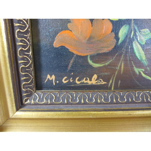 316 - MICHELE CICALO (U.S.A. 1931) VASE OF FLOWERS, OIL ON CANVAS, SIGNED LOWER LEFT, LABEL VERSO FROM THE... 