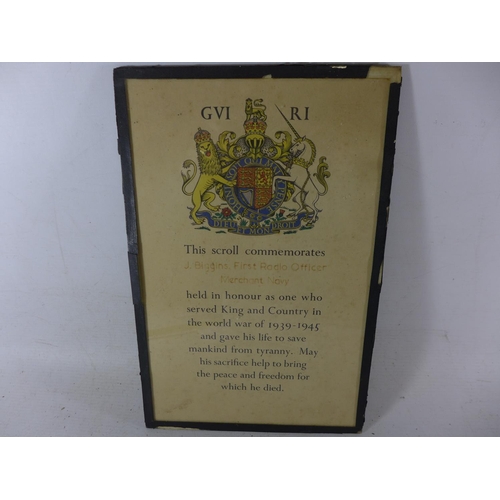 378 - A WORLD WAR II FRAMED MEMORIAL COMMEMORATIVE SCROLL AWARDED TO RADIO OFFICER J.BIGGINS MERCHANT NAVY... 