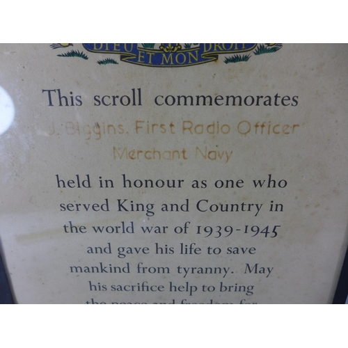 378 - A WORLD WAR II FRAMED MEMORIAL COMMEMORATIVE SCROLL AWARDED TO RADIO OFFICER J.BIGGINS MERCHANT NAVY... 