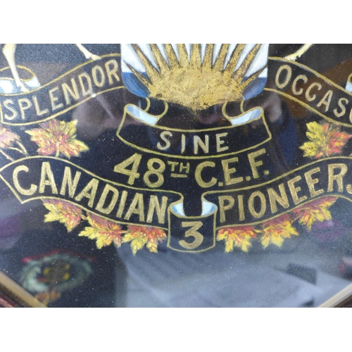 379 - A FRAMED PAINTED 48TH C.E.F. CANADIAN 3RD PIONEERS BADGE, 61 X 63CM, MEDICAL CORPS EMBROIDERED BADGE... 