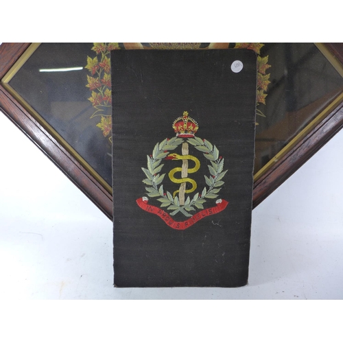 379 - A FRAMED PAINTED 48TH C.E.F. CANADIAN 3RD PIONEERS BADGE, 61 X 63CM, MEDICAL CORPS EMBROIDERED BADGE... 