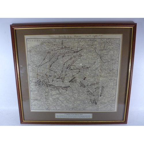 380 - A HAND ANNOTATED MAP OF THE FIRST BATTLE OF MARNE DATED 1914, 40 X 41CM, FRAMED AND GLAZED