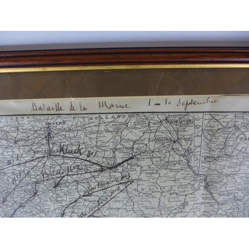 380 - A HAND ANNOTATED MAP OF THE FIRST BATTLE OF MARNE DATED 1914, 40 X 41CM, FRAMED AND GLAZED