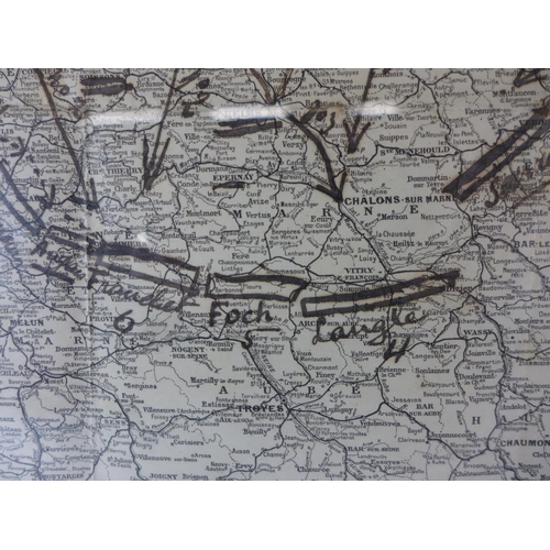 380 - A HAND ANNOTATED MAP OF THE FIRST BATTLE OF MARNE DATED 1914, 40 X 41CM, FRAMED AND GLAZED