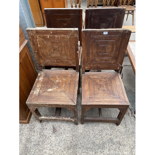 3058 - A SET OF FOUR RUSTIC PAINTED DINING CHAIRS WITH PANELLED SEATS AND BACKS