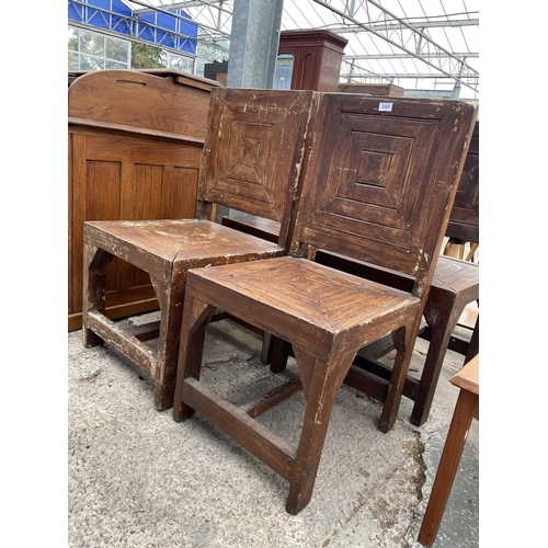 3058 - A SET OF FOUR RUSTIC PAINTED DINING CHAIRS WITH PANELLED SEATS AND BACKS