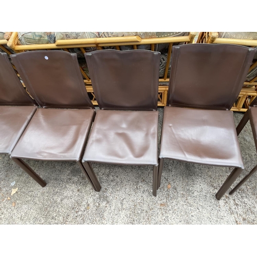 3060 - A SET OF SIX BROWN FAUX LEATHER DINING CHAIRS