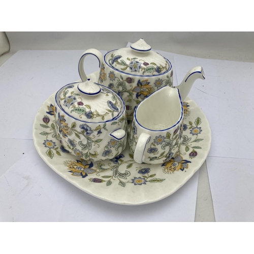 406 - A MINTON HADDON HALL BLUE PATTERN TEA FOR ONE SET