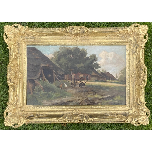 352 - A DE STEKKE (BELGIAN) C.1900 OIL ON CANVAS PAINTING OF A FARMING SCENE, SIGNED LOWER RIGHT CORNER, I... 