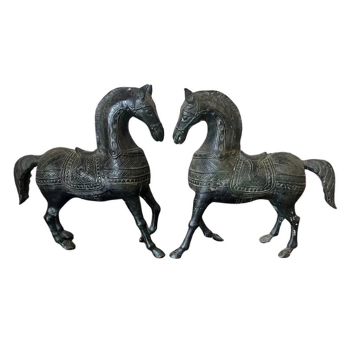 49 - AN IMPRESSIVE LARGE PAIR OF ORIENTAL CHINESE BRONZE HORSES, HEIGHT 39CM