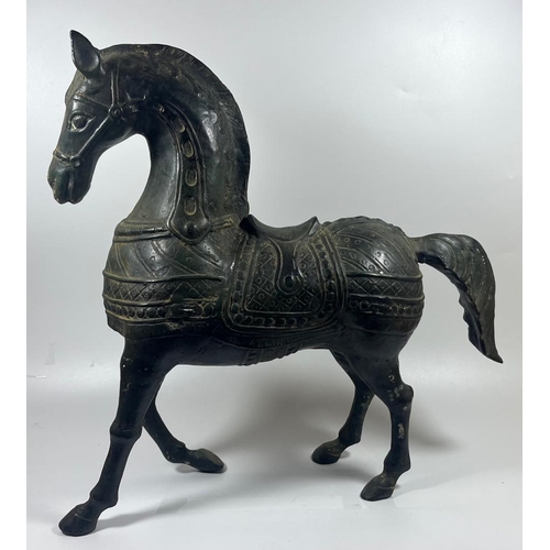 49 - AN IMPRESSIVE LARGE PAIR OF ORIENTAL CHINESE BRONZE HORSES, HEIGHT 39CM