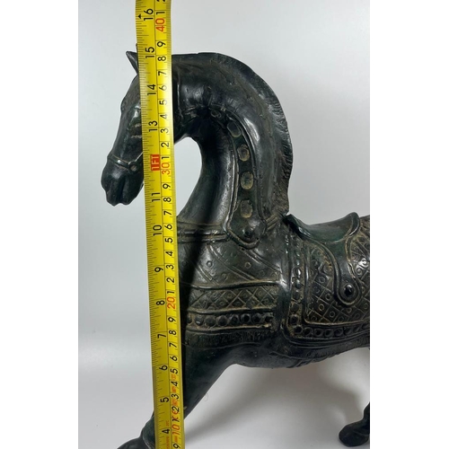 49 - AN IMPRESSIVE LARGE PAIR OF ORIENTAL CHINESE BRONZE HORSES, HEIGHT 39CM