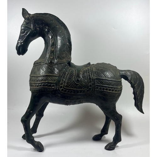 49 - AN IMPRESSIVE LARGE PAIR OF ORIENTAL CHINESE BRONZE HORSES, HEIGHT 39CM