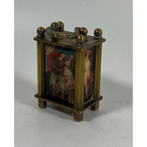 76 - A MINIATURE BRASS WIND UP CARRIAGE CLOCK WITH CLASSICAL AND NUDE FIGURAL PANELS, HEIGHT 6CM