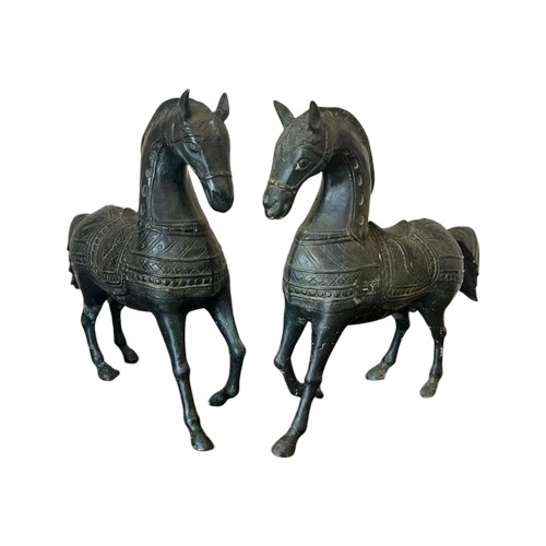 49 - AN IMPRESSIVE LARGE PAIR OF ORIENTAL CHINESE BRONZE HORSES, HEIGHT 39CM