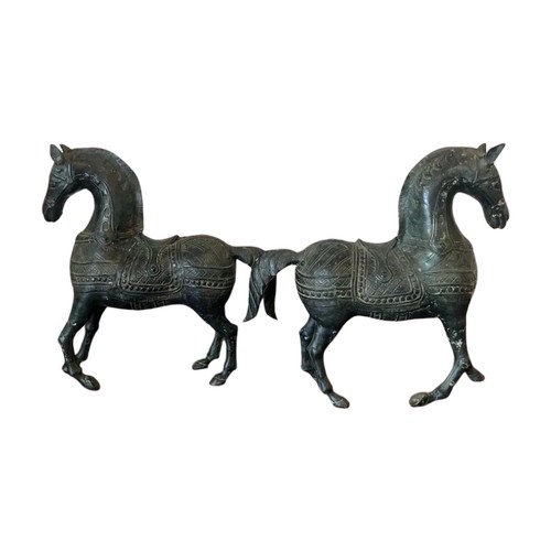 49 - AN IMPRESSIVE LARGE PAIR OF ORIENTAL CHINESE BRONZE HORSES, HEIGHT 39CM