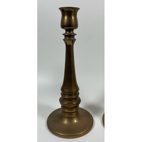 77 - A VINTAGE PAIR OF CHURCH GOTHIC CANDLESTICKS WITH SCREW IN HOLE TO THE BASE POSSIBLY FOR AN ALTAR, W... 