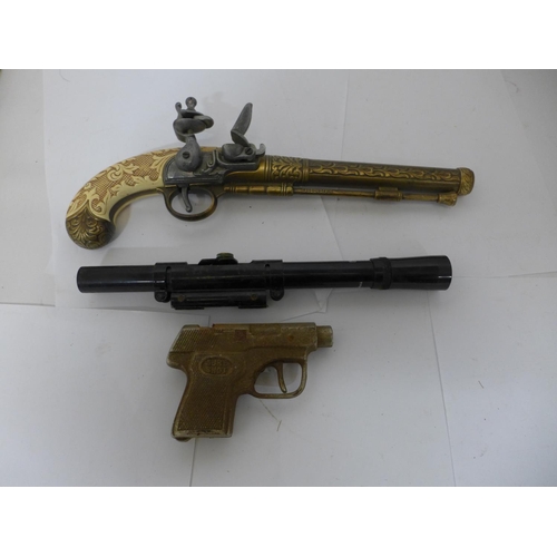 390 - A REPLICA NON FIRING FLINTLOCK PISTOL, 18CM BARREL, LENGTH 30CM, SURE SHOT CAP GUN, BSA 4X15 TELESCO... 