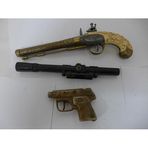 390 - A REPLICA NON FIRING FLINTLOCK PISTOL, 18CM BARREL, LENGTH 30CM, SURE SHOT CAP GUN, BSA 4X15 TELESCO... 