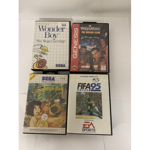 324 - FOUR SEGA MEGA DRIVE GAMES FIFA 95 SOCCER, THE JUNGLE BOOK, WRESTLEMANIA AND WONDER BOY THE MEGA CAR... 