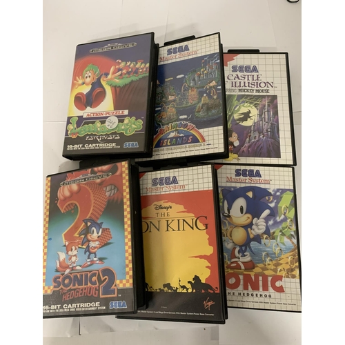 332 - SIX BOXED GAMES TO INCLUDE SONIC THE HEDGEHGOG 2, SONIC THE HEDGEHOG, THE LION KING. SEGA CASTLE OF ... 