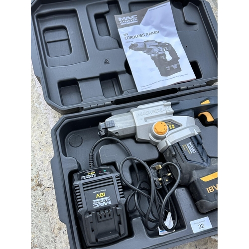 22 - A BOXED MACALLISTER CORDLESS NAIL GUN NO VAT