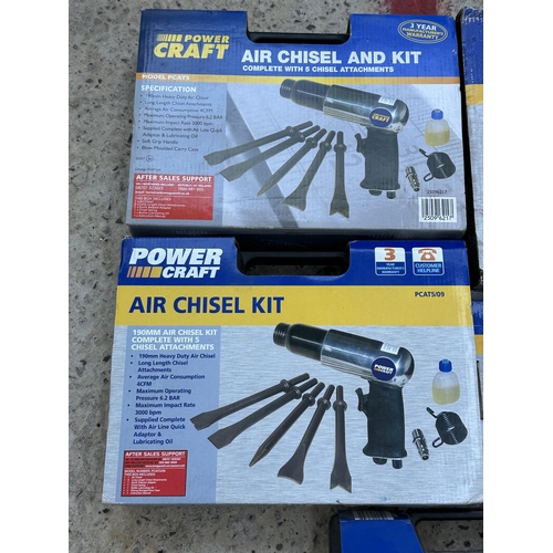 37 - FIVE VARIOUS BOXED POWERCRAFT TOOLS TO INCLUDE TWO AIR CHISEL KITS AND A PNEUMATIC STAPLE GUN ETC NO... 