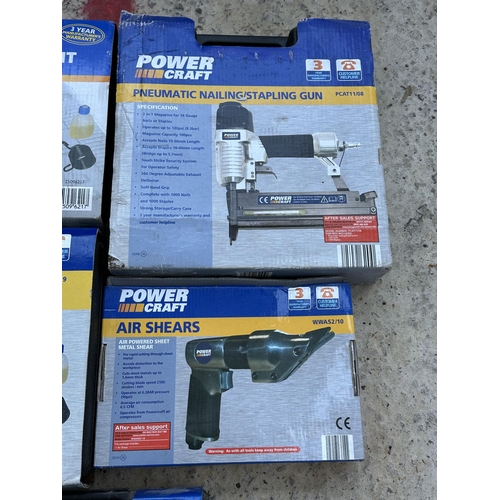 37 - FIVE VARIOUS BOXED POWERCRAFT TOOLS TO INCLUDE TWO AIR CHISEL KITS AND A PNEUMATIC STAPLE GUN ETC NO... 