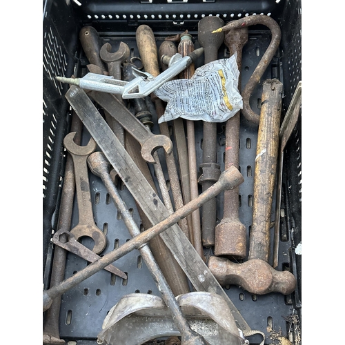 42 - AN ASSORTMENT OF VINTAGE HAND TOOLS TO INCLUDE SPANNERS, HAMMERS AND STILSENS ETC NO VAT