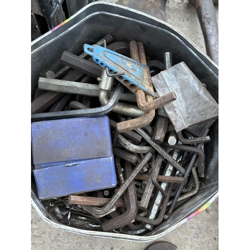 42 - AN ASSORTMENT OF VINTAGE HAND TOOLS TO INCLUDE SPANNERS, HAMMERS AND STILSENS ETC NO VAT