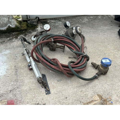 60 - A SET OF GAS CUTTING PIPES, VALVES AND TORCH ETC NO VAT