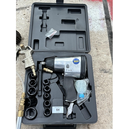 64 - AN ASSORTMENT OF ITEMS TO INCLUDE AN AIR COMPRESSOR SPRAYER AND IMPACT WRENCH ETC NO VAT