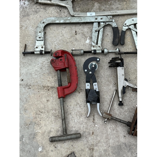 77 - AN ASSORTMENT OF HAND TOOLS TO INCLUDE MOLE GRIPS, CLAMPS AND PIPE CUTTERS ETC NO VAT