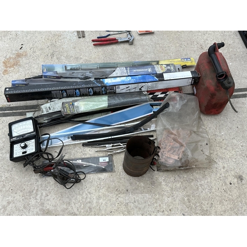 85 - AN ASSORTMENT OF AUTOMOBILE SPARES - VINTAGE WIPER BLADES INCLUDING MG MIDGET, AND A VOLT METER ETC ... 