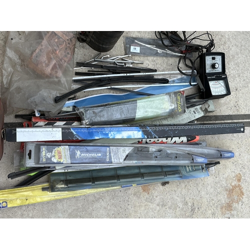 85 - AN ASSORTMENT OF AUTOMOBILE SPARES - VINTAGE WIPER BLADES INCLUDING MG MIDGET, AND A VOLT METER ETC ... 